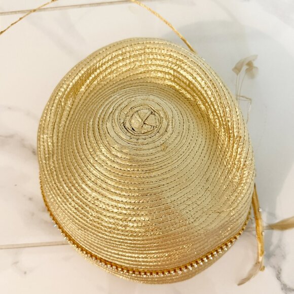 mr. song millinery GOLD Woven STRAW Head Topper HAT - Picture 4 of 9